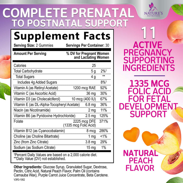 Nature's Prenatal Multivitamin Gummy with Folic Acid, Prenatal Vitamins w/Folate, Choline, Vitamin A, C, D3, B12 & B6, Before, During & After Pregnancy Vitamins for Women