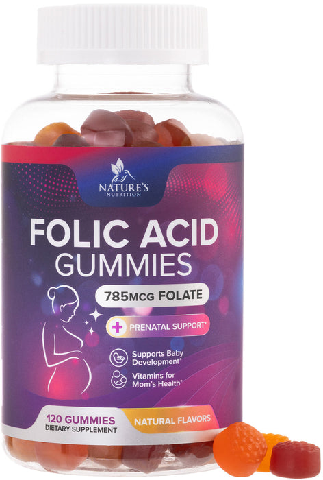 Folic Acid Gummies for Women 785 mcg, Essential Prenatal Vitamins for Mom & Baby, Vegan Folic Acid Supplement Gummy, B9 Chewable Extra Strength Folate for Before During After Pregnancy