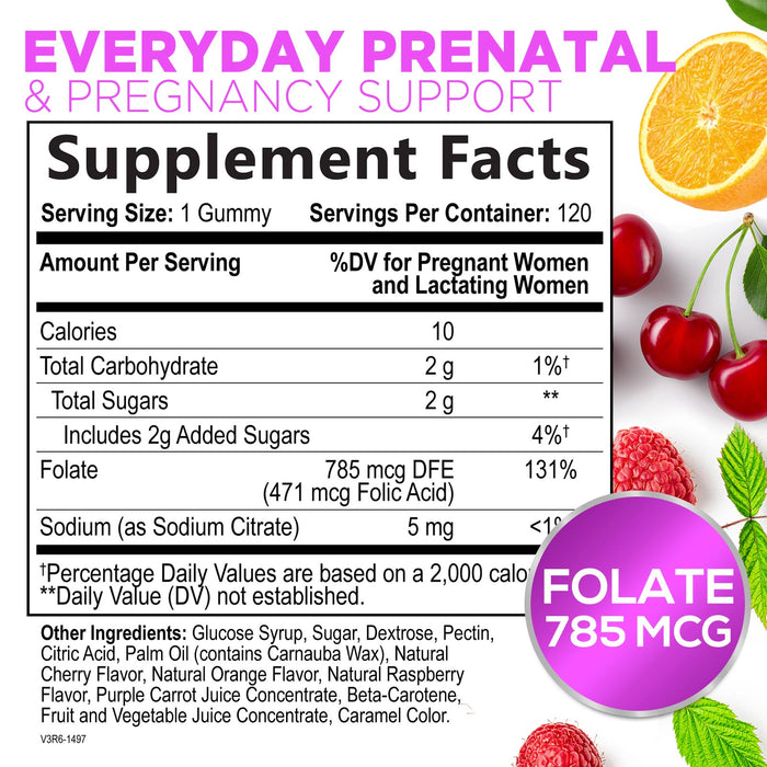 Folic Acid Gummies for Women 785 mcg, Essential Prenatal Vitamins for Mom & Baby, Vegan Folic Acid Supplement Gummy, B9 Chewable Extra Strength Folate for Before During After Pregnancy