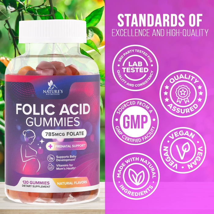 Folic Acid Gummies for Women 785 mcg, Essential Prenatal Vitamins for Mom & Baby, Vegan Folic Acid Supplement Gummy, B9 Chewable Extra Strength Folate for Before During After Pregnancy