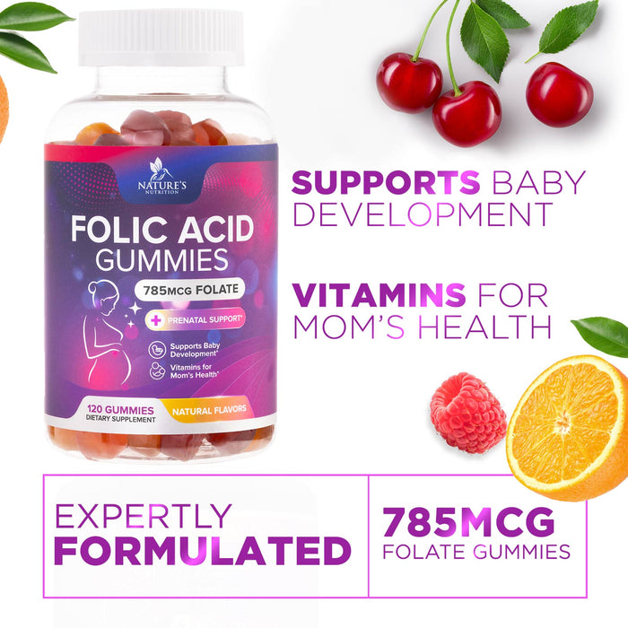 Folic Acid Gummies for Women 785 mcg, Essential Prenatal Vitamins for Mom & Baby, Vegan Folic Acid Supplement Gummy, B9 Chewable Extra Strength Folate for Before During After Pregnancy