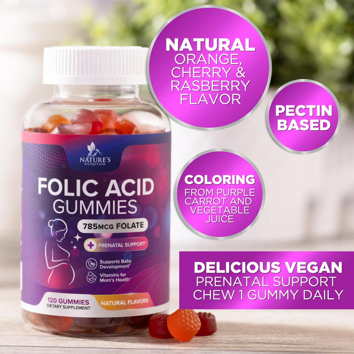 Folic Acid Gummies for Women 785 mcg, Essential Prenatal Vitamins for Mom & Baby, Vegan Folic Acid Supplement Gummy, B9 Chewable Extra Strength Folate for Before During After Pregnancy