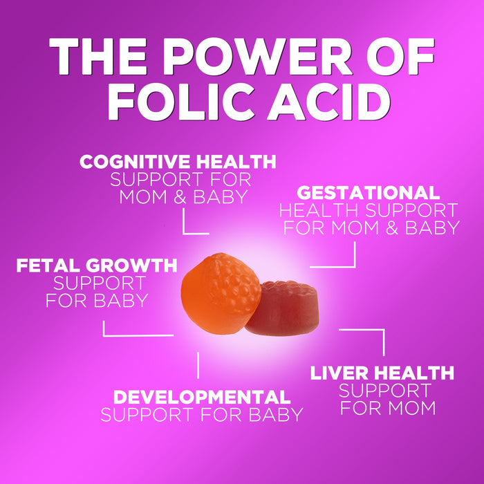 Folic Acid Gummies for Women 785 mcg, Essential Prenatal Vitamins for Mom & Baby, Vegan Folic Acid Supplement Gummy, B9 Chewable Extra Strength Folate for Before During After Pregnancy