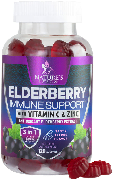 Immune Support Gummies for Adults with Black Elderberry Extract, C & Zinc, Natural Pectin Based Gummy Vitamin, Immune System Support Supplement for Children & Adults, Tasty Fruit Flavor