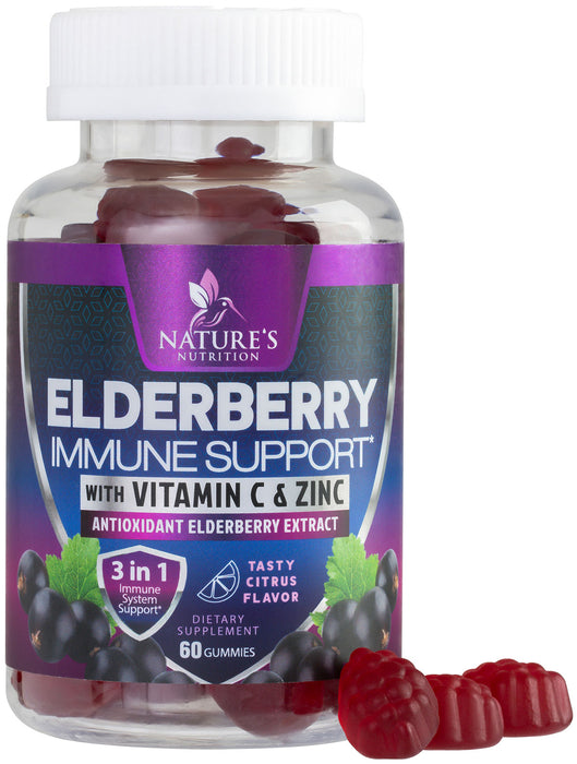 Immune Support Gummies for Adults with Black Elderberry Extract, C & Zinc, Natural Pectin Based Gummy Vitamin, Immune System Support Supplement for Children & Adults, Tasty Fruit Flavor