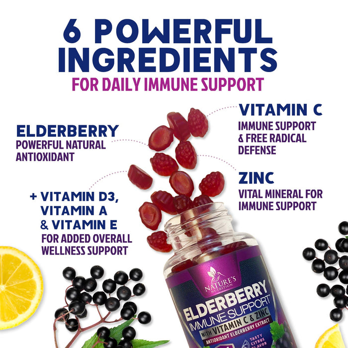 Immune Support Gummies for Adults with Black Elderberry Extract, C & Zinc, Natural Pectin Based Gummy Vitamin, Immune System Support Supplement for Children & Adults, Tasty Fruit Flavor