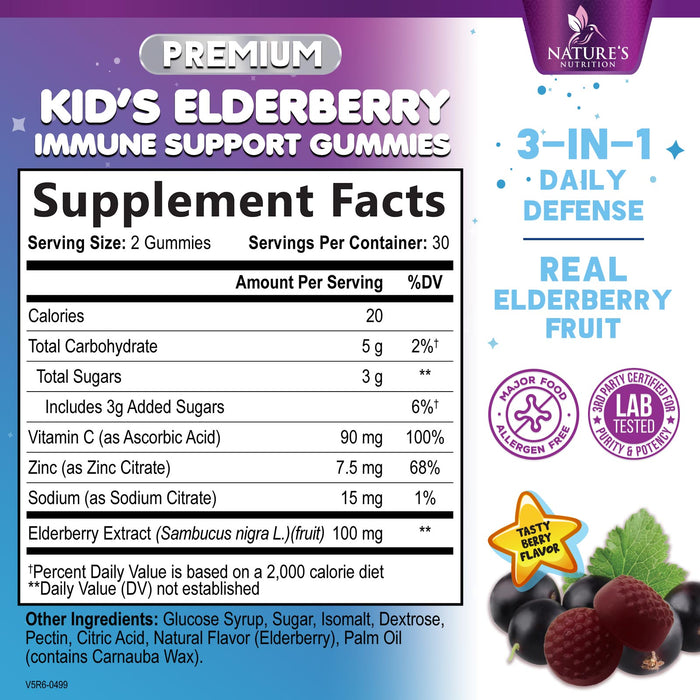 Sambucus Elderberry Immune Gummies for Kids with Vitamin C, Zinc & Elderberry, Daily Childrens Immune Support Vitamins Gummy Children Ages 2 Up, Natures Supplement, Non-GMO, Berry Flavor