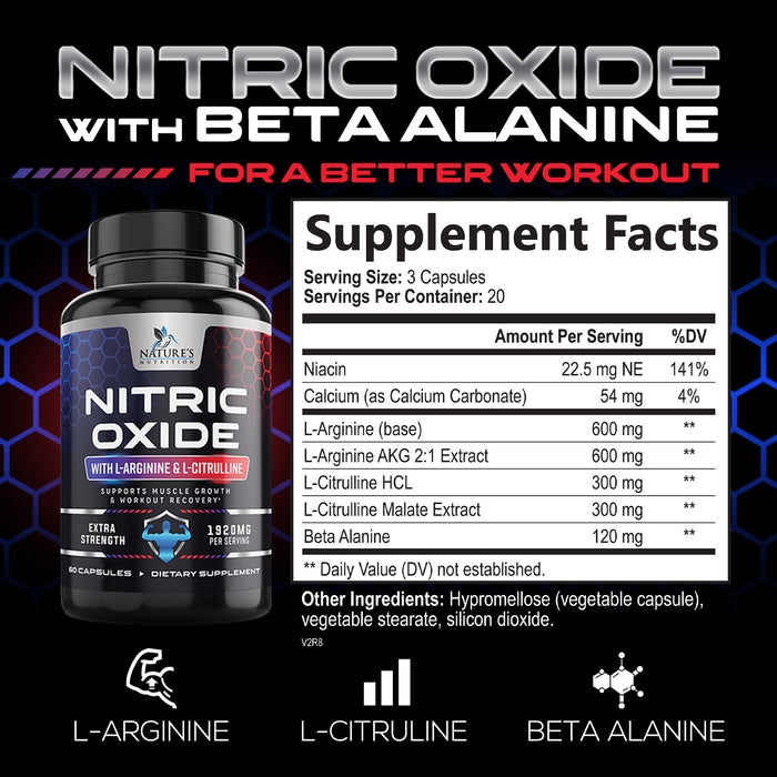 Extra Strength Nitric Oxide Supplement L Arginine 3X Strength - Citrulline Malate, AAKG, Beta Alanine - Premium Muscle Supporting Nitric Oxide Booster for Strength & Energy Supplements