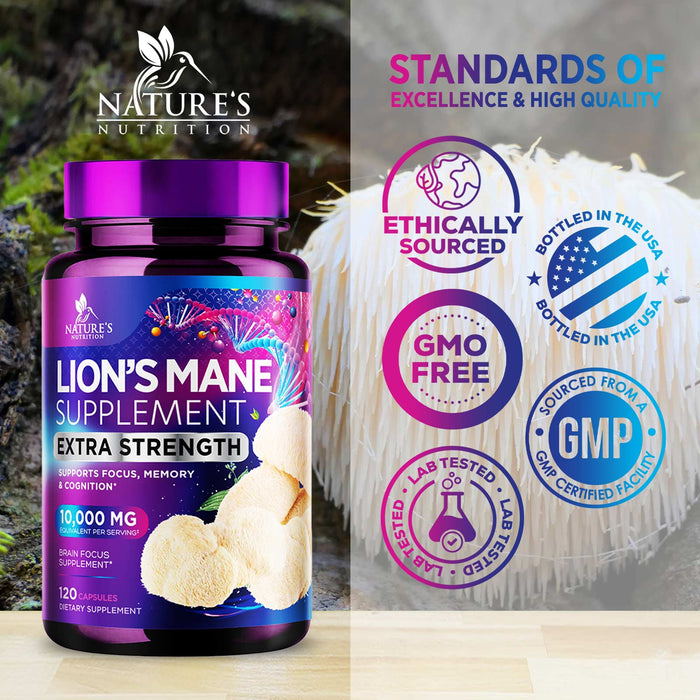 Nature's Mushroom Lion's Mane - Nootropic Brain Health Support Supplement - Lionsmane Mushrooms for Focus, Memory, & Immune Support - Lions Mane Mushroom Extract is Non-GMO & Vegetarian