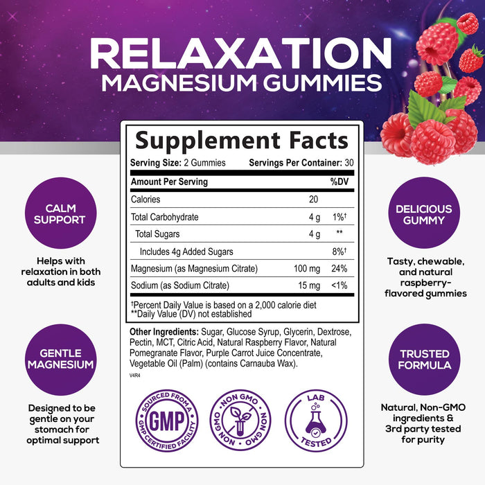 Magnesium Gummies, High Absorption 100mg - Natural Calm Relaxation and Stress Support for Adults and Kids - Gentle Chewable Magnesium Citrate Gummy