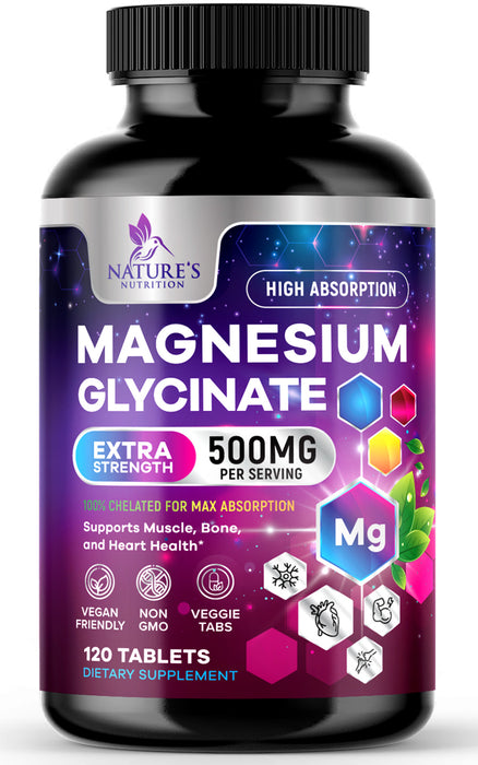 Magnesium Glycinate 425 mg with Calcium - Natural, High Absorption Magnesium Tablets Chelated for Muscle, Nerve, Bone & Heart Health Support - Non-GMO, Gluten Free, Vegan Supplement