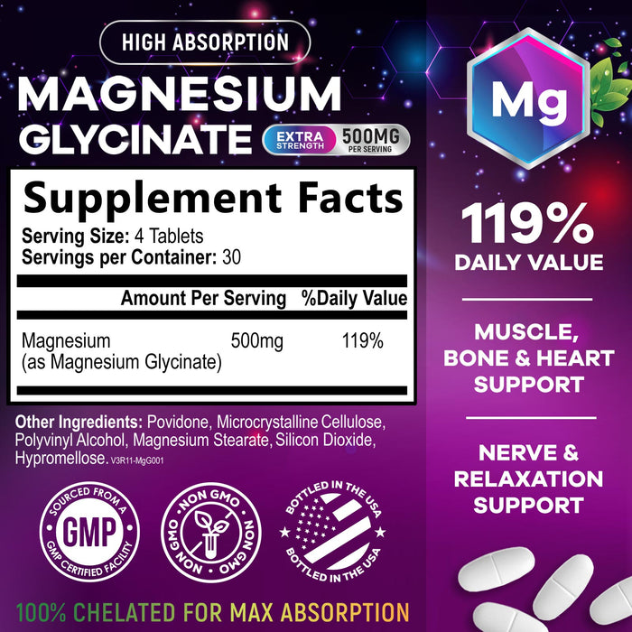 Magnesium Glycinate 425 mg with Calcium - Natural, High Absorption Magnesium Tablets Chelated for Muscle, Nerve, Bone & Heart Health Support - Non-GMO, Gluten Free, Vegan Supplement