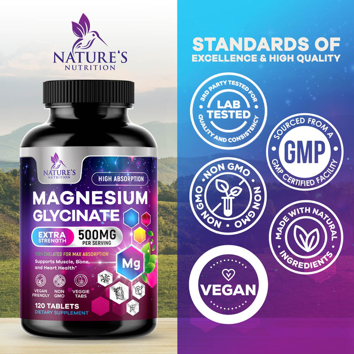 Magnesium Glycinate 425 mg with Calcium - Natural, High Absorption Magnesium Tablets Chelated for Muscle, Nerve, Bone & Heart Health Support - Non-GMO, Gluten Free, Vegan Supplement