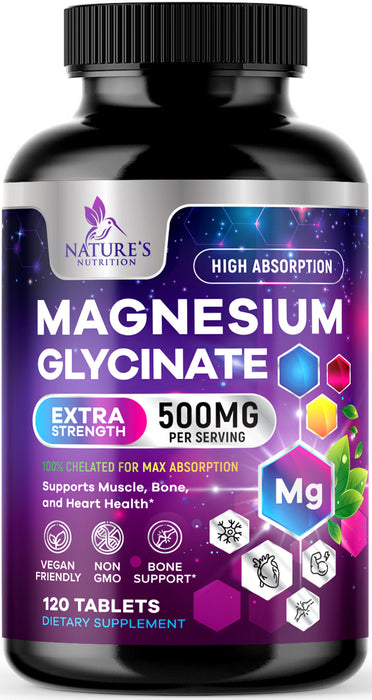 Magnesium Glycinate 425 mg with Calcium - Natural, High Absorption Magnesium Tablets Chelated for Muscle, Nerve, Bone & Heart Health Support - Non-GMO, Gluten Free, Vegan Supplement