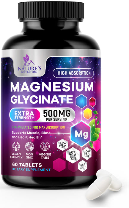 Magnesium Glycinate 425 mg with Calcium - Natural, High Absorption Magnesium Tablets Chelated for Muscle, Nerve, Bone & Heart Health Support - Non-GMO, Gluten Free, Vegan Supplement