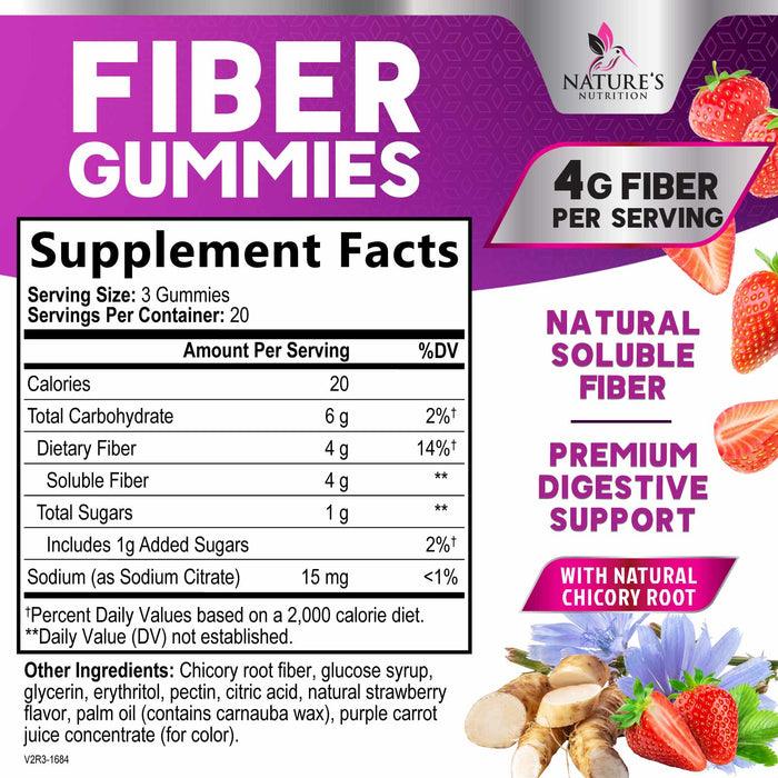 Fiber Gummies for Adults, Fiber 4g Gummy - Daily Prebiotic Supplement & Digestive Health Support, Supports Regularity & Natural Prebiotic Fiber Gummy, Plant Based Fiber, Strawberry Flavor