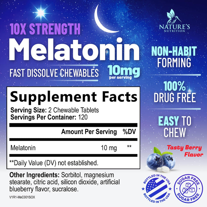 Fast Dissolve Melatonin 10mg, Sleep Support for Adults, Melatonin Sleep Supplement, for Promoting Restful Sleep, Non-Habit Forming, 100% Drug Free, Berry Flavored - 240 Chewable Tablets