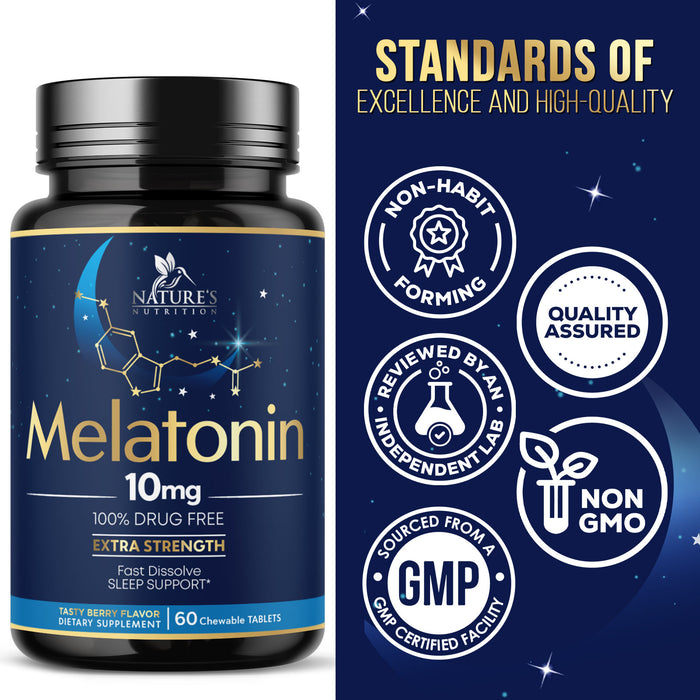 Melatonin 10mg Tablets Extra Strength - Sugar Free Sleep Support for Adults - Berry Flavored Dietary Supplement for Restful Sleep Support, Non-GMO - Fast-Dissolve Melatonin Tablets - 120 Tablets