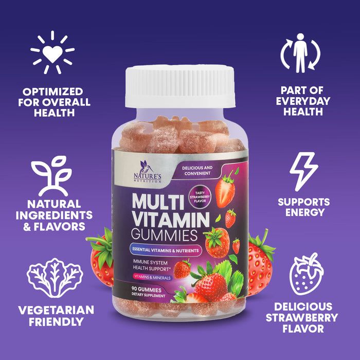 Multivitamin Gummies for Adult Women & Men, Daily Gummy Multivitamins Nutritional Support with 13 Vitamins and Minerals - Nature's Multi Vitamin Supplement, Non-GMO Berry Flavor