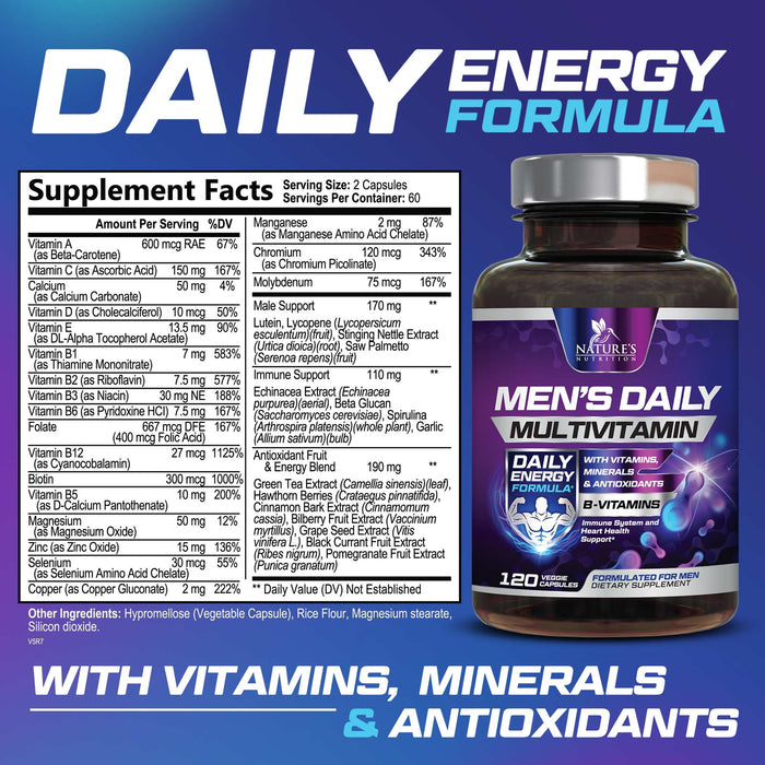 Nature's Daily Multivitamin for Men - Mens Multivitamins Supplement, with Vitamin A, B12, C, & D, Daily Nutritional Support, Multivitamin Supplement, Non-GMO Vitamins for Men