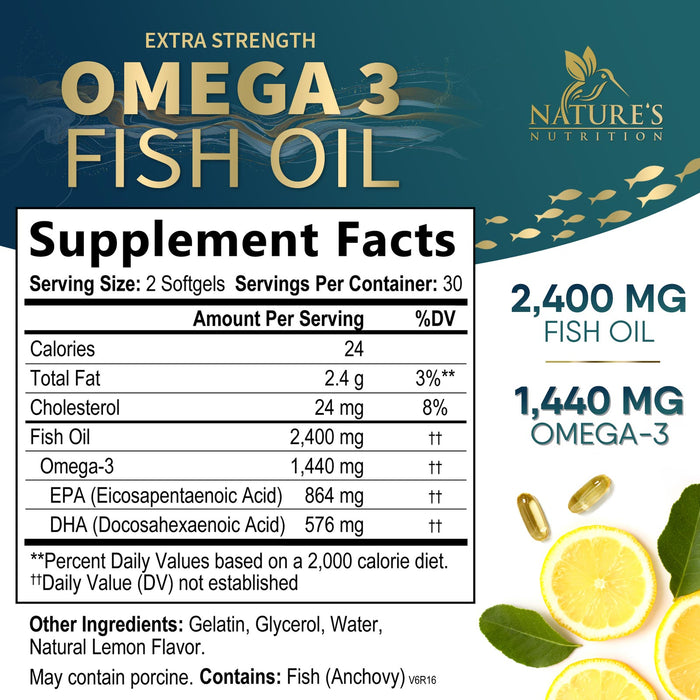 Fish Oil 2400 mg with Omega 3 EPA & DHA - Triple Strength Omega 3 Supplement - Omega 3 Fish Oil Supports Heart Health, Nature's Brain & Immune Support - Non-GMO Fish Oil Supplements