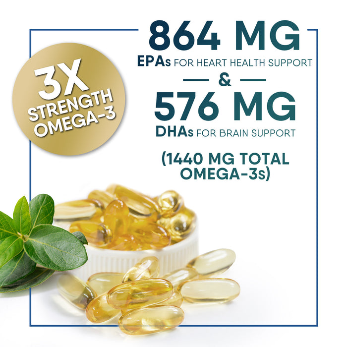 Fish Oil 2400 mg with Omega 3 EPA & DHA - Triple Strength Omega 3 Supplement - Omega 3 Fish Oil Supports Heart Health, Nature's Brain & Immune Support - Non-GMO Fish Oil Supplements