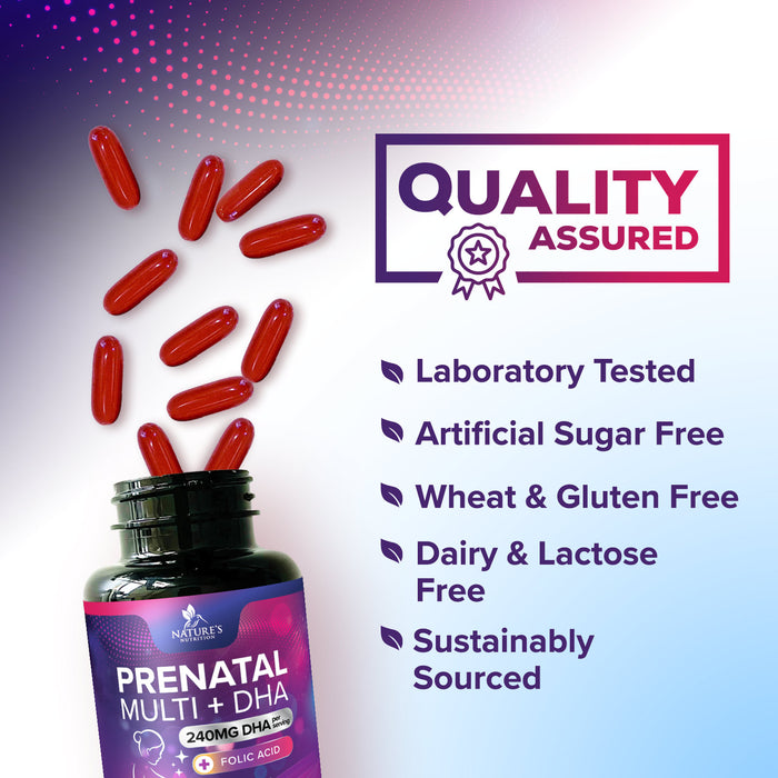 Prenatal Vitamins with Folic Acid & DHA, Fetal Brain Development Support with Folate & Omega 3's, Prenatal Multivitamin for Women, Vitamin A, C, D, B6, B12 & Iron, Pregnancy Supplement - 60 Softgels