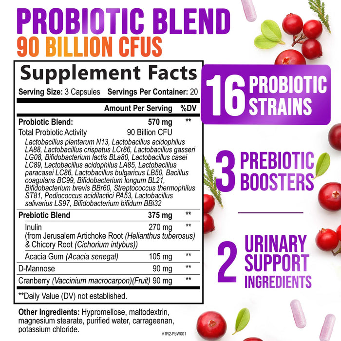 Nature's Nutrition Formulated Probiotics for Women with Prebiotics - Womens Probiotic for Digestive, Vaginal, Urinary Support, 90 Billion CFU & 16 Diverse Strains, Cranberry & D-Mannose