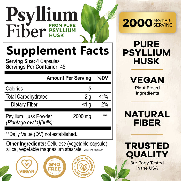 High Absorption Psyllium Husk Capsules 2000mg, Natural Soluble Fiber Supplement Non-GMO Gluten Free Digestive Support, Psyllium Fiber Caps Support Digestion & Regularity