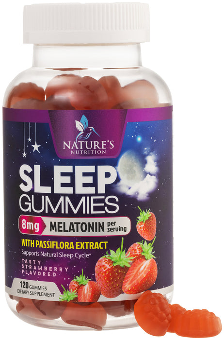 Melatonin Sleeping Gummies - Extra Strength Sleep Gummy, 8 mg Melatonin, 20mg Passiflora, 100% Drug Free Sleep Support Supplement for Kids & Adults, Vegan, Non-GMO, Natural Berry Flavor