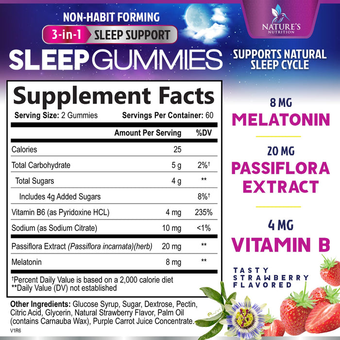 Melatonin Sleeping Gummies - Extra Strength Sleep Gummy, 8 mg Melatonin, 20mg Passiflora, 100% Drug Free Sleep Support Supplement for Kids & Adults, Vegan, Non-GMO, Natural Berry Flavor