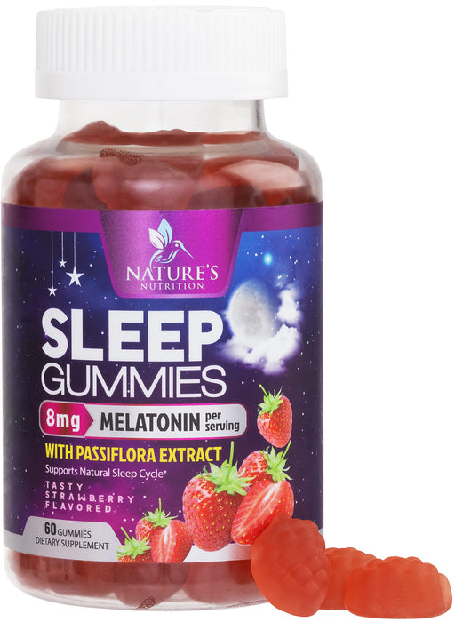 Melatonin Sleeping Gummies - Extra Strength Sleep Gummy, 8 mg Melatonin, 20mg Passiflora, 100% Drug Free Sleep Support Supplement for Kids & Adults, Vegan, Non-GMO, Natural Berry Flavor