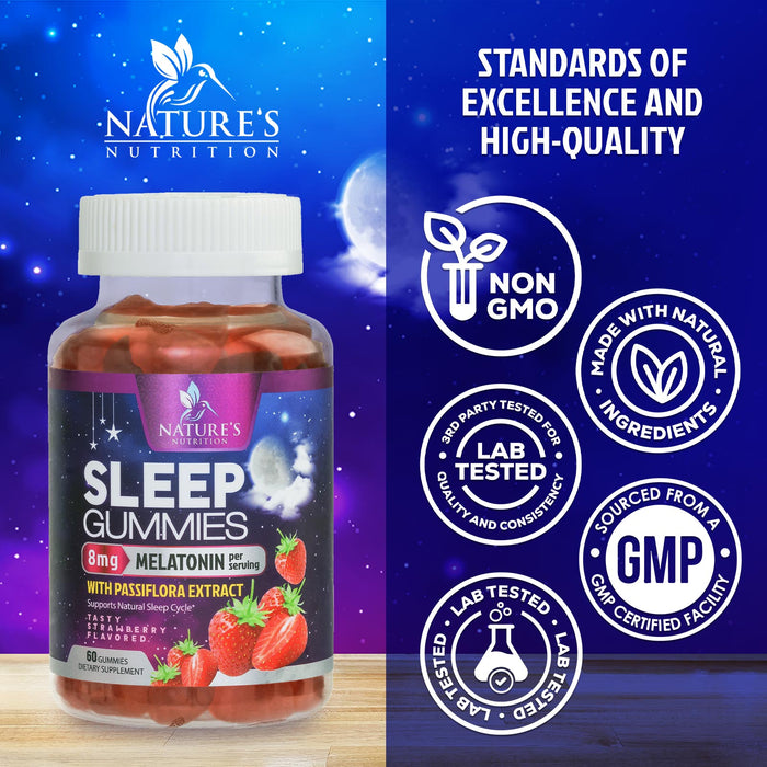 Melatonin Sleeping Gummies - Extra Strength Sleep Gummy, 8 mg Melatonin, 20mg Passiflora, 100% Drug Free Sleep Support Supplement for Kids & Adults, Vegan, Non-GMO, Natural Berry Flavor