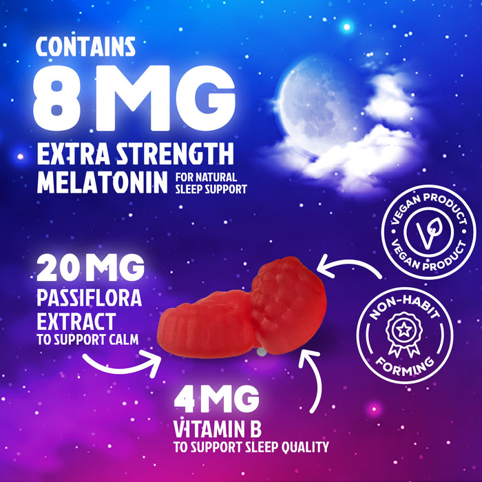 Melatonin Sleeping Gummies - Extra Strength Sleep Gummy, 8 mg Melatonin, 20mg Passiflora, 100% Drug Free Sleep Support Supplement for Kids & Adults, Vegan, Non-GMO, Natural Berry Flavor