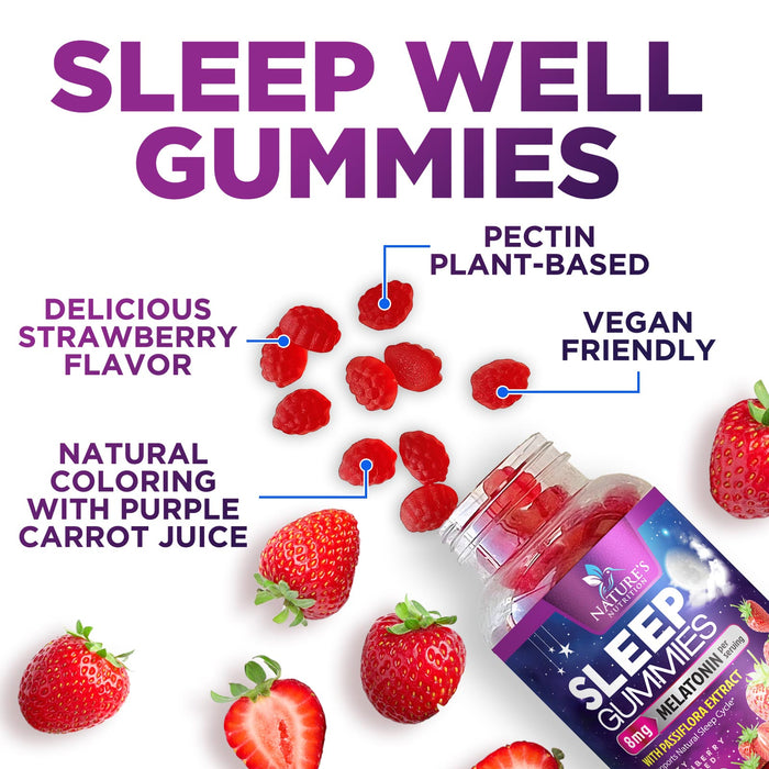 Melatonin Sleeping Gummies - Extra Strength Sleep Gummy, 8 mg Melatonin, 20mg Passiflora, 100% Drug Free Sleep Support Supplement for Kids & Adults, Vegan, Non-GMO, Natural Berry Flavor