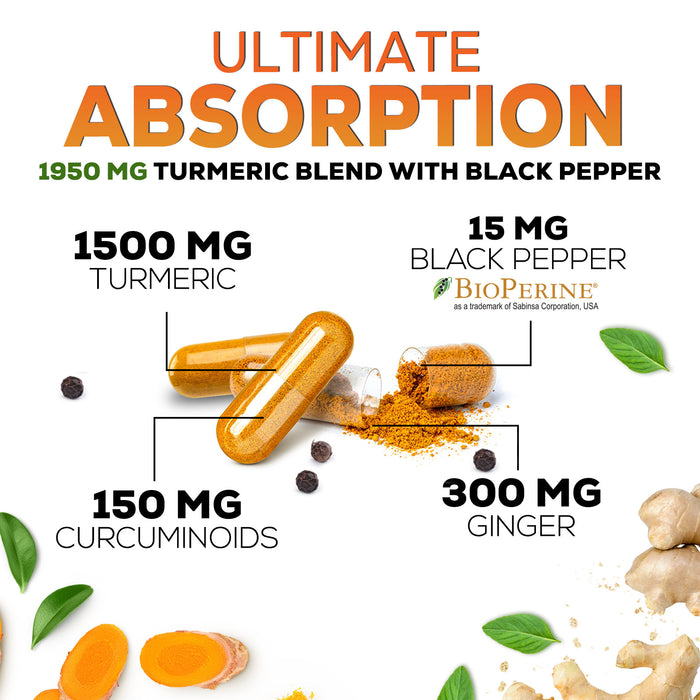 Turmeric Curcumin with BioPerine & Ginger 95% Standardized Curcuminoids 1950mg Black Pepper for Max Absorption Joint Support, Nature's Tumeric Herbal Extract Supplement, Vegan, Non-GMO