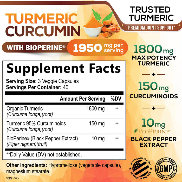 Turmeric Curcumin Supplement 1950mg - 95% Curcuminoids with Organic Turmeric & BioPerine Black Pepper Extract for Best Absorption, Nature's Vegan Joint Support, Non-GMO, Bottled in USA - 120 Capsules