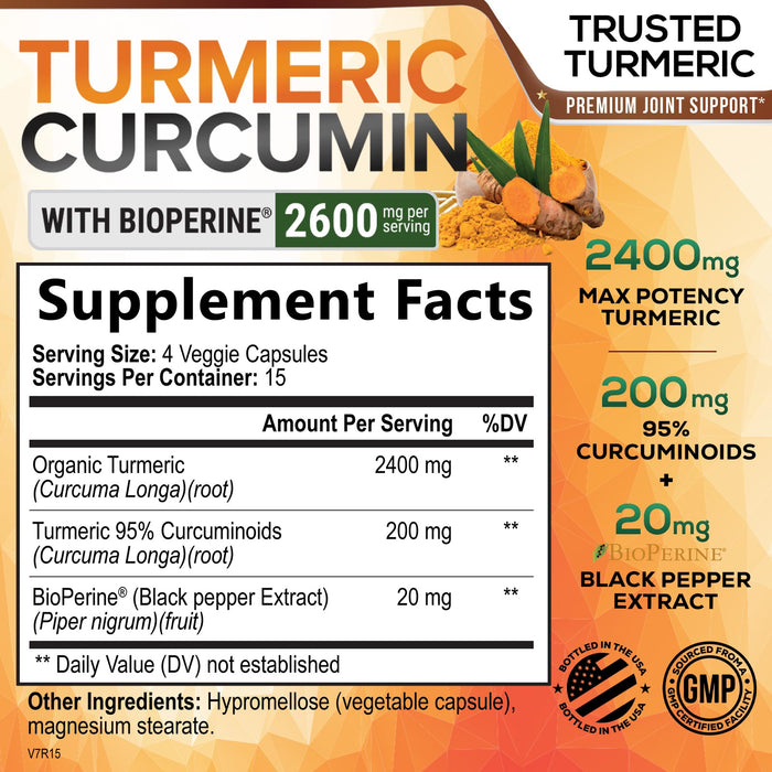 Turmeric Curcumin Supplement with BioPerine 95% Curcuminoids 2600mg with Black Pepper for Best Absorption, Bottled in USA, Best Natural Vegan Joint Support, Nature's Tumeric Capsules