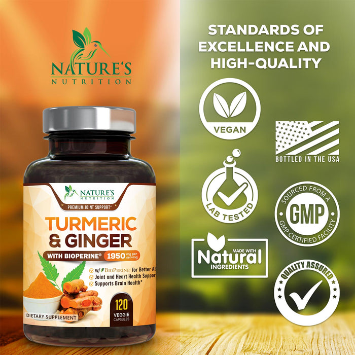 Turmeric Curcumin with BioPerine & Ginger 95% Standardized Curcuminoids 1950mg Black Pepper for Max Absorption Joint Support, Nature's Tumeric Herbal Extract Supplement, Vegan, Non-GMO