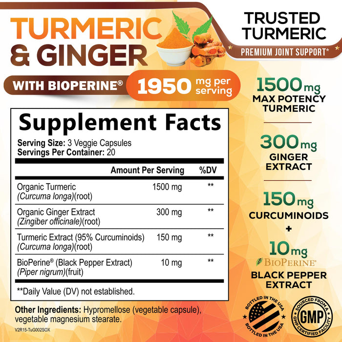 Turmeric Curcumin Supplement 1950mg - 95% Curcuminoids with Organic Turmeric & Ginger, BioPerine Black Pepper for Best Absorption, Nature's Vegan Joint Support, Non-GMO, Bottled in USA - 60 Capsules