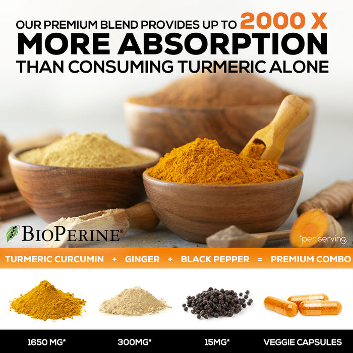 Turmeric Curcumin with BioPerine & Ginger 95% Standardized Curcuminoids 1950mg Black Pepper for Max Absorption Joint Support, Nature's Tumeric Herbal Extract Supplement, Vegan, Non-GMO