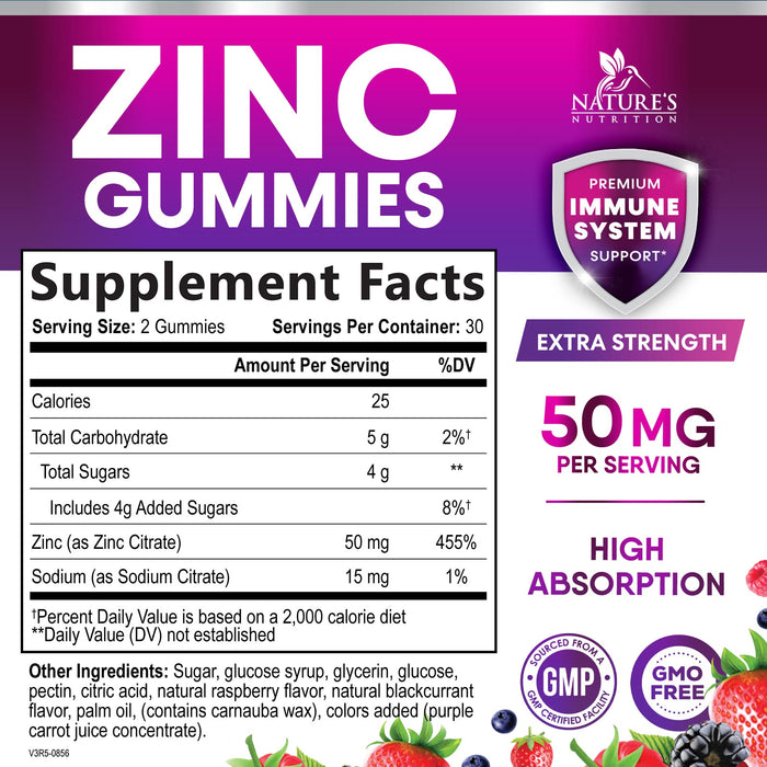 Zinc Gummies for Adults 50mg - High Absorption Immune Health Support Gummy & Antioxidant Supplement, Dietary Supplement Zinc Vitamin for Men and Women, Vegan, Non-GMO and Gluten Free