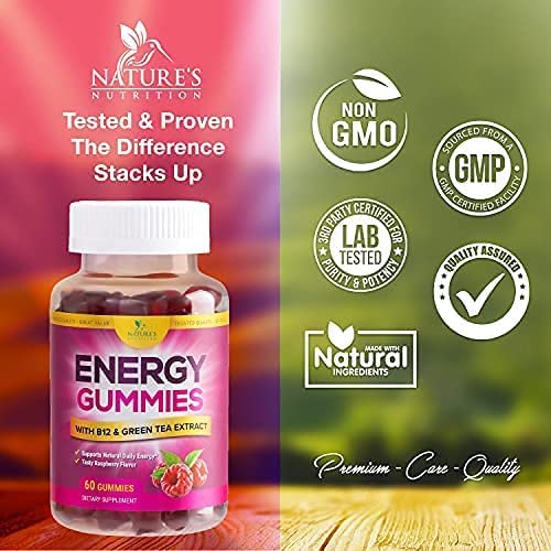 Energy Gummies Vitamin B12, Green Tea and Guarana Extract, Daily Energy Vitamin Supplement, Delicious Raspberry Flavor Gummy Chewable Supplement for Men and Women, Non-GMO and Vegan