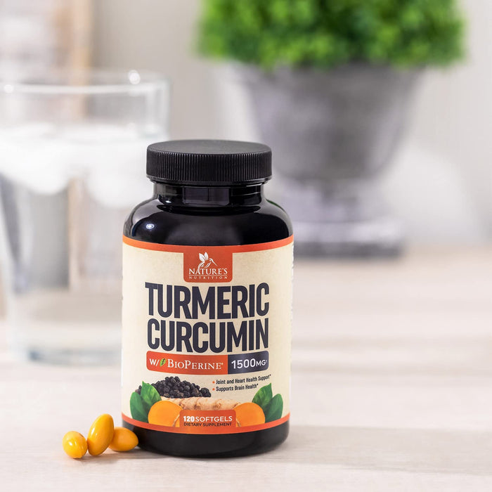 Turmeric Curcumin with BioPerine 95% Standardized Curcuminoids 1500mg Black Pepper Extract for Max Absorption, Premium Joint Support, Nature's Tumeric Herbal Supplement, Non-GMO, Vegan - 120 Softgels