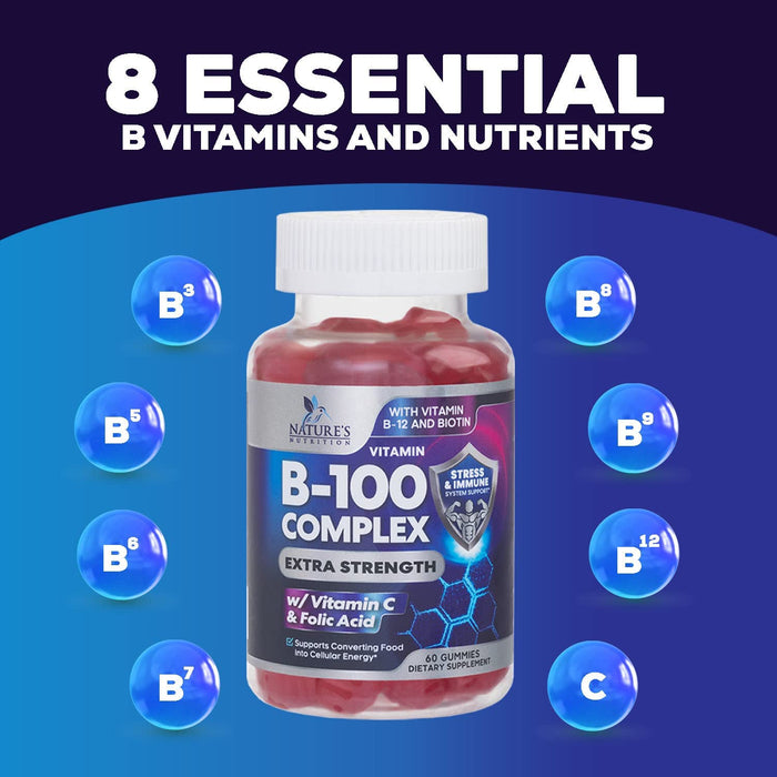 Super B Complex Gummies with Vitamin C & Folic Acid, Extra Strength Vitamin B Gummy Supplement with Niacin, B6, Folic Acid, B12, Biotin, Nature's Energy Immune Support Supplements