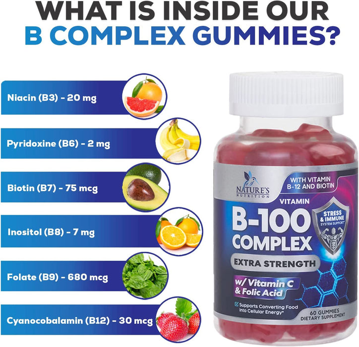 Super B Complex Gummies with Vitamin C & Folic Acid, Extra Strength Vitamin B Gummy Supplement with Niacin, B6, Folic Acid, B12, Biotin, Nature's Energy Immune Support Supplements