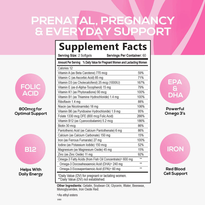 Women's Prenatal Multivitamin with Folic Acid & DHA, Prenatal Vitamins w/ Folate, Omega 3, Vitamins D3, B6, B12 & Iron, Pregnancy Support Prenatal DHA Supplement, Non-GMO Gluten Free