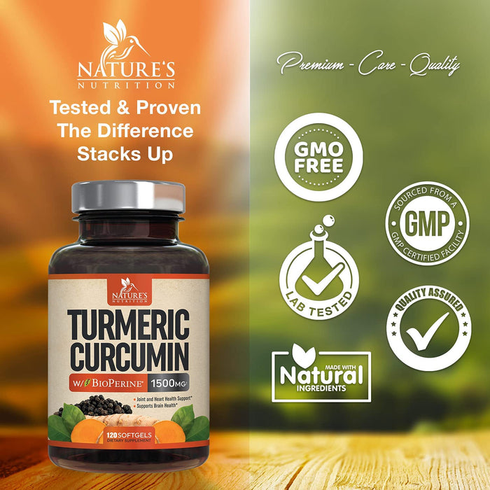 Turmeric Curcumin with BioPerine 95% Standardized Curcuminoids 1500mg Black Pepper Extract for Max Absorption, Premium Joint Support, Nature's Tumeric Herbal Supplement, Non-GMO, Vegan - 120 Softgels