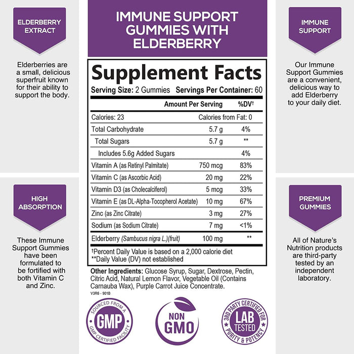 Immune Support Gummies for Adults with Black Elderberry Extract, C & Zinc, Natural Pectin Based Gummy Vitamin, Immune System Support Supplement for Children & Adults, Tasty Fruit Flavor
