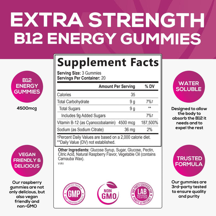 Vitamin B12 Gummies 4500mcg - Raspberry Flavored